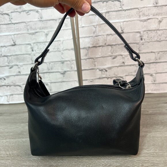 COACH Mini Handbag Accessory Pouch Black Leather Pochette Demi Handbag - Picture 2 of 6